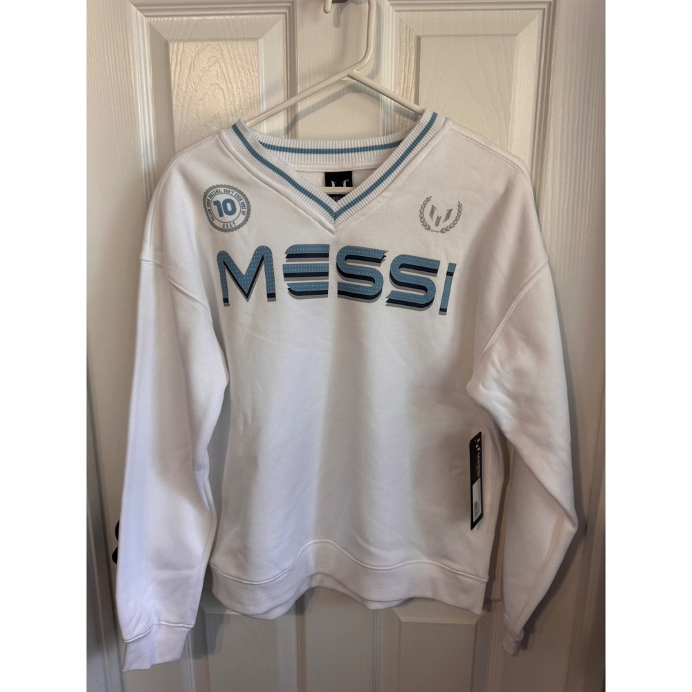 Messi Collection White V-Neck Sweatshirt XS Soccer Football Pullover NWT